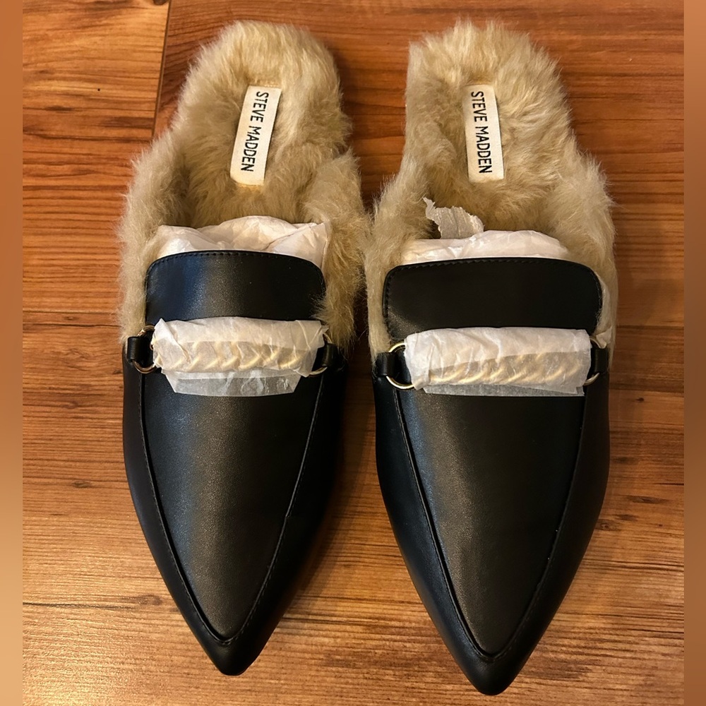 Steve Madden Forseen F Princeton Pointy Toe Flat Mules Faux Fur Chain Women’s 11